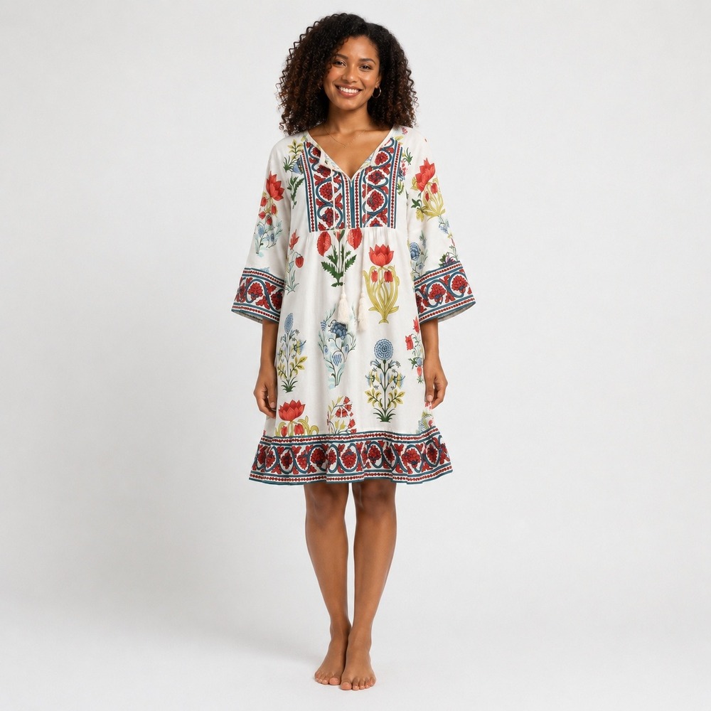Lulalife Floral Tunic Dress Cotton Boho Womens S White Tassel Bell Sleeve Pocket